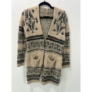 My Michelle Womens Beige Fuzzy Fair Isle Open Front Longline Cardigan Sweater S
